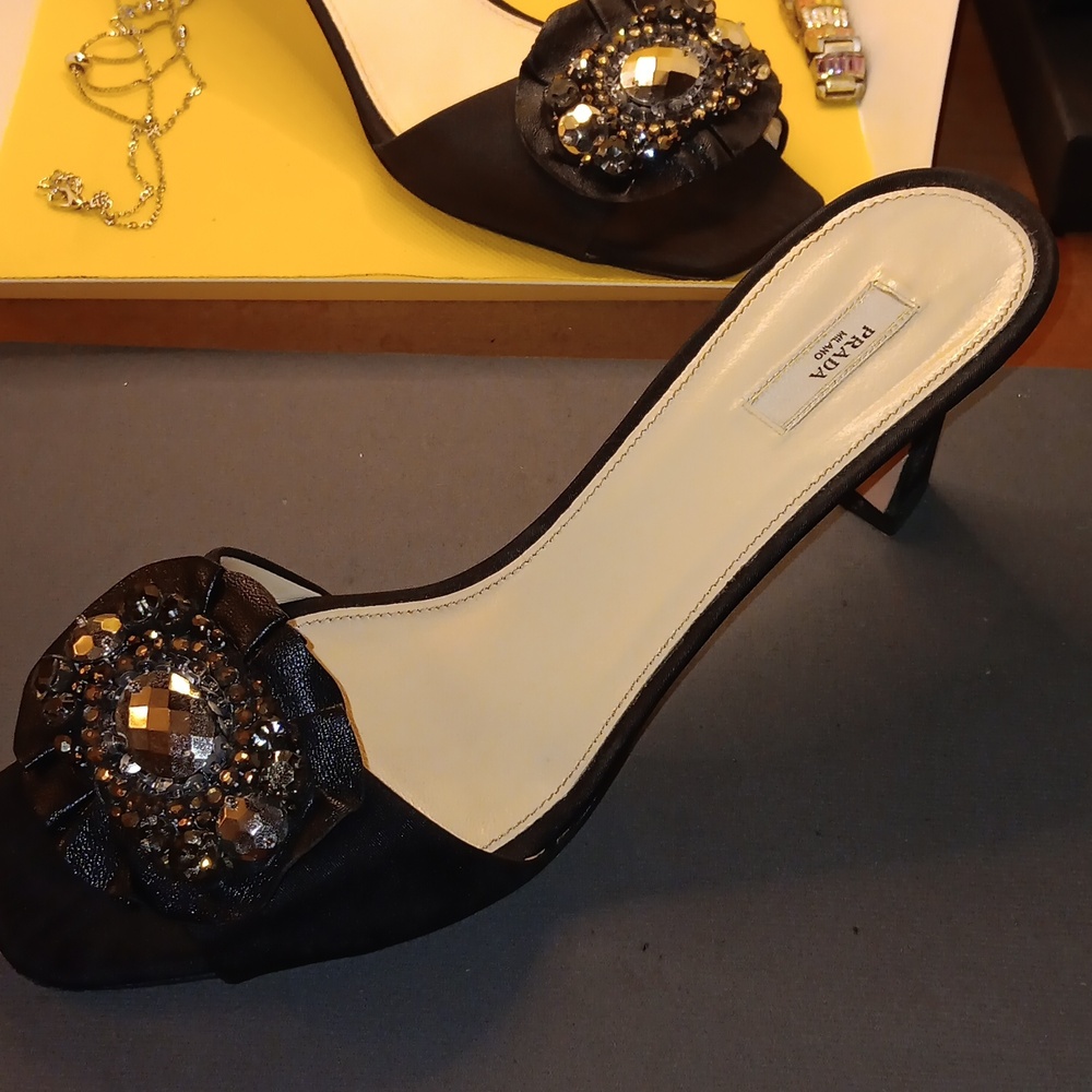 Prada Black Embellished Low Heels Sling Back Size 38